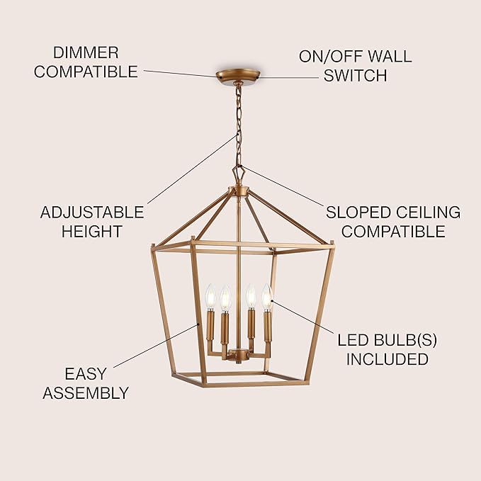JONATHAN Y 16" Antique Gold Lantern Pendant Light, 4-Light Pagoda Style Metal Cage Farmhouse Hanging Ceiling Fixture for Kitchen Island, LED Bulb Included (JYL7437B)
