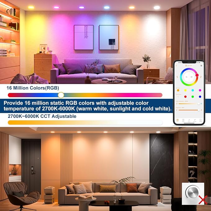 SikSog Smart Recessed Lighting 4 Inch Black RGBCW Color Changing 12W LED Downlight with Junction Box,1080 Lumen Recessed Ceiling Light Compatible with Alexa,Dimmable by Bluetooth Control -6Pack