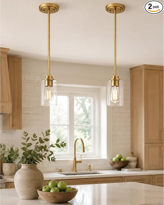 Brass Pendant Lights Kitchen Island 2 Pack, Farmhouse Gold Pendant Lighting with Clear Glass Shade, Mini Hanging Light Fixture for Kitchen Sink Dining, AD-22281-1P2-GD-C