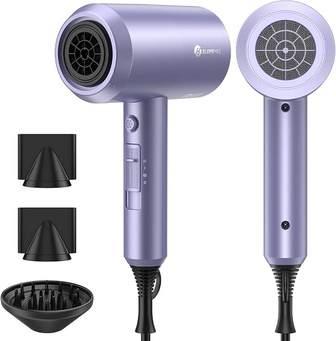 slopehill Professional Ionic Hair Dryer, Lavender | 1800W Fast Drying, Low Noise, 2 Concentrator Nozzles, 1 Diffuser Attachment