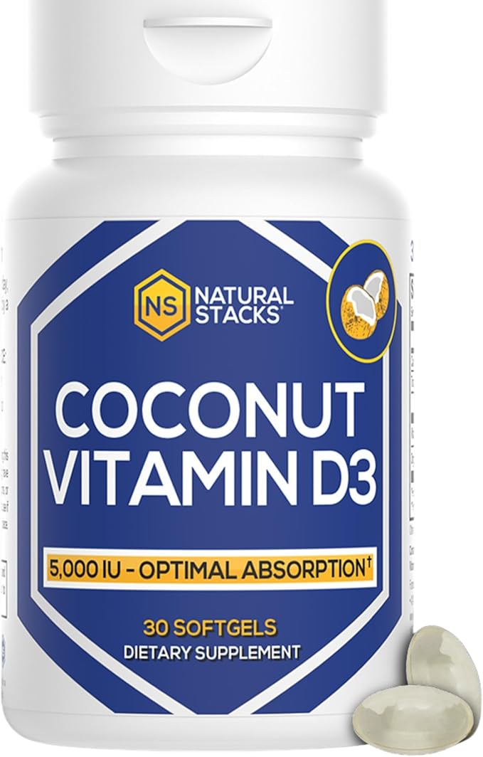 NATURAL STACKS ビタミンD 5000 IU サプリメント - 最適な吸収のためのココナッツオイル配合 - 免疫力と細胞の成長のためのビタミンDピル - D3 125mcg コレカルシフェロール サプリメント - D3 30回分