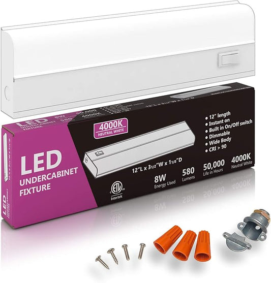 Hardwired LED Under Cabinet Lighting - 8 Watt, Dimmable, CRI>90, 4000K (Cool White), Wide Body, Long Lasting Metal Base with Frost Lens,12" Inch