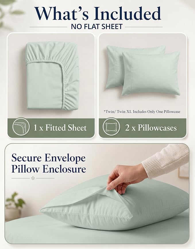 LANE LINEN Twin XL Size Fitted Sheet & Pillowcase (No Flat Sheet) - 100% Organic Cotton Soft & Breathable Percale Weave Fitted Sheet Set - 15'' Deep Pocket for Snug Fit - GOTS Certified - Cool Blue
