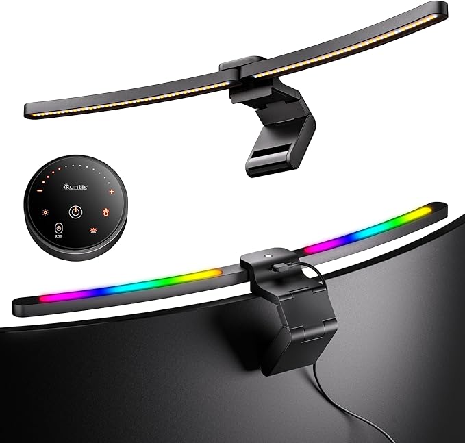 Quntis Curved Monitor Light Bar 15 RGB Backlight for 34"+ Screens, Computer Bar Lights Foldable Dual Light with Color Temperature Brightness Stepless Dimming, No Glare Desk Lamp for Home Office Gaming