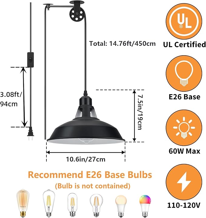 Lomoky Plug in Pendant Light, Hanging Lamp with Black Barn Pendant Lighting with 14.76ft Cord On/Off Switch, Adjustable Pulley Hanging Pendant Lighting for Kitchen Bedroom Restaurant 2 Pack