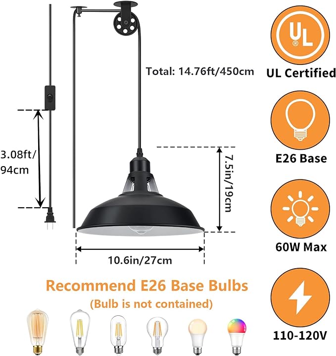 Lomoky Plug in Pulley Pendant Light with 14.76ft Cord On/Off Switch, Industrial Barn Black Hanging Lights with Plug in Cord, Pulley Wall Pendant Lamp for Kitchen Island, Pool Table, Bedroom, 1 Pack