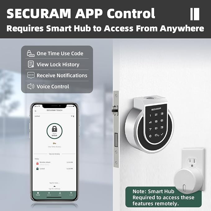 SECURAM Smart Lock Touch - Fingerprint & WiFi Smart Door Lock, Keyless Entry with App Control, Bluetooth Electronic Deadbolt, Compatible with Alexa & Google Home, Keypad Code, Silver