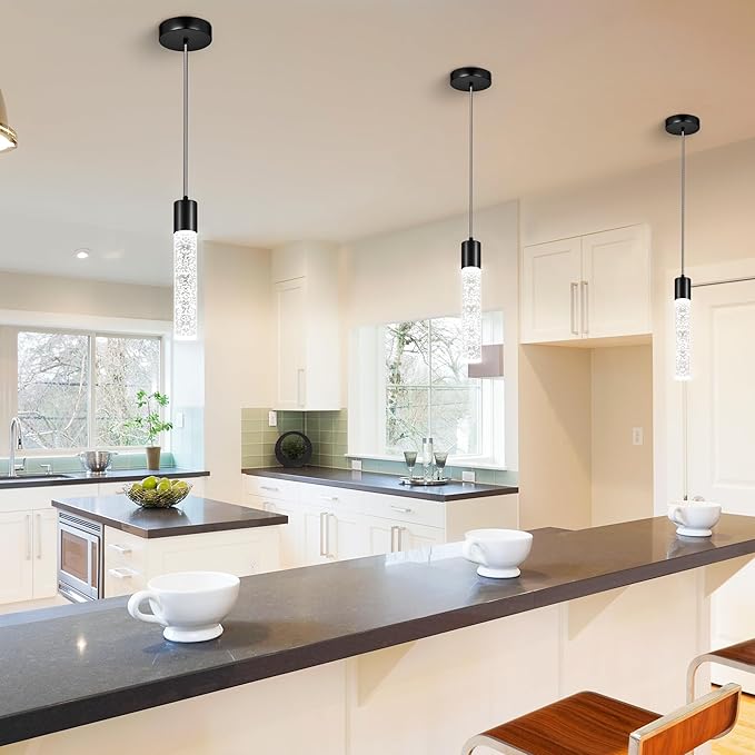 Pendant Lights Kitchen Island, 6500K Modern Kitchen Island Lights Brushed Black, 1 Pack Ceiling Lighting Fixtures with Crystal Bubble, Integrated LED Hanging Light for Dining Room Restaurant
