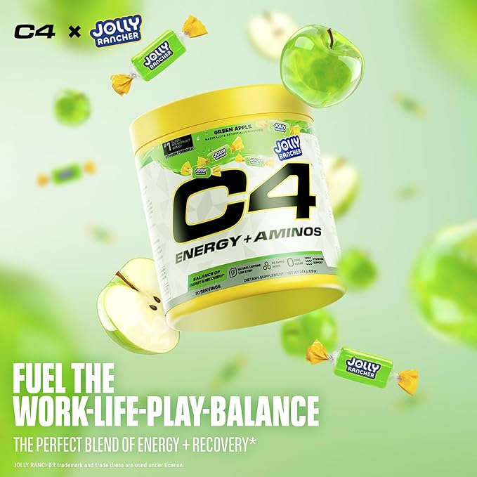 C4 Energy + Aminos Powder Jolly Rancher Green Apple, 5g BCAAs & EAAs for Muscle Recovery, 3 Electrolytes for Hydration, 100mg Natural Caffeine, Pre Workout, Zero Sugar, 30 Servings