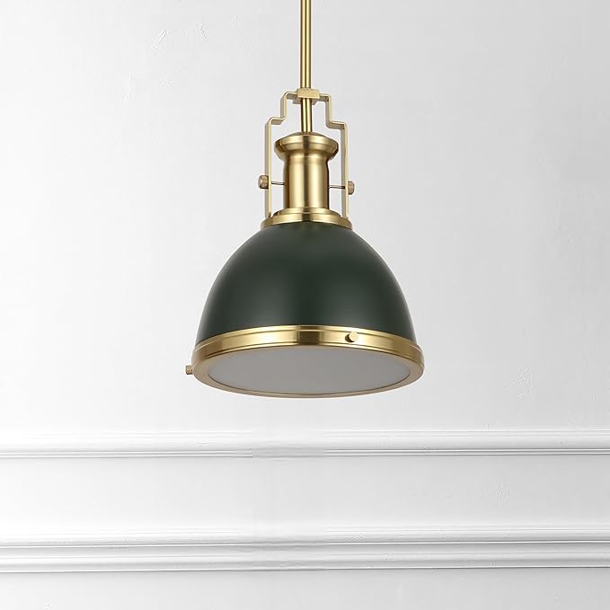 JONATHAN Y 10" Brass Gold Kombu Green 1-Light Metal Dome Pendant Modern Industrial Hanging Light for Kitchen Island Dining Room Adjustable Height LED Bulb Included JYL9535H