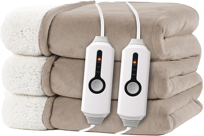Electric Heated Blanket 84"x90" Queen Size, Dual-Sided Microplush Sherpa for Bedroom Couch Use, 4 Heat Settings & 10 Hours Auto Off Energy Saving, Dual Controller, Machine Washable - Light Brown