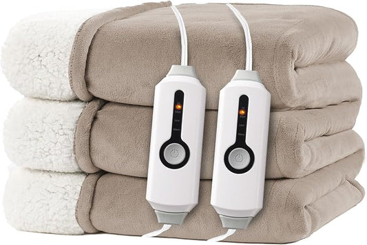 Electric Heated Blanket 84"x90" Queen Size, Dual-Sided Microplush Sherpa for Bedroom Couch Use, 4 Heat Settings & 10 Hours Auto Off Energy Saving, Dual Controller, Machine Washable - Light Brown