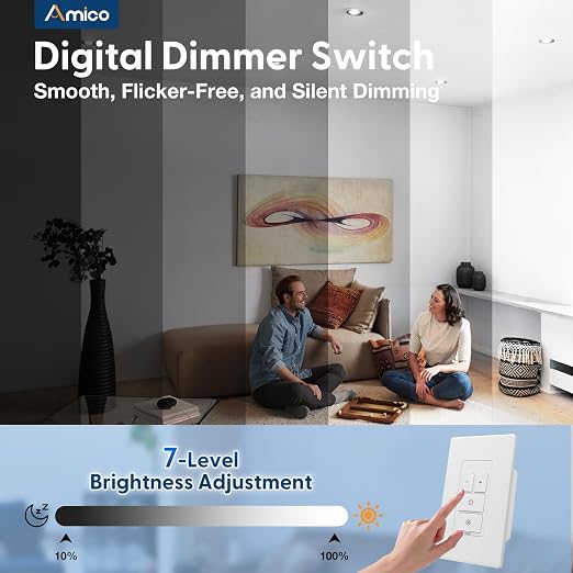 Amico Electronic Dimmer Switch, Touch Button Control, Single-Pole with LED Indicator, 150W Dimmable LED & 450W Incandescent, Includes Wall Plate, ETL Listed, 1 Pack, White