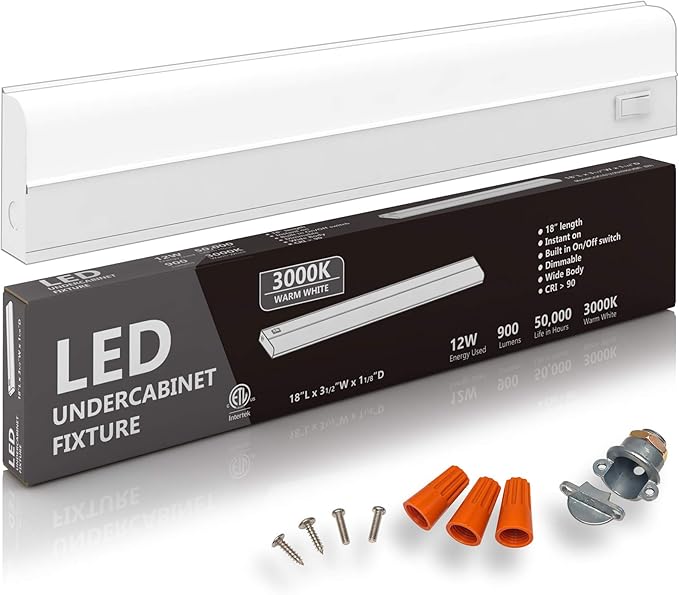Hardwired LED Under Cabinet Task Lighting - 12 Watt, 18", Dimmable, CRI>90, 3000K (Warm White), Wide Body, Long Lasting Metal Base with Frost Lens