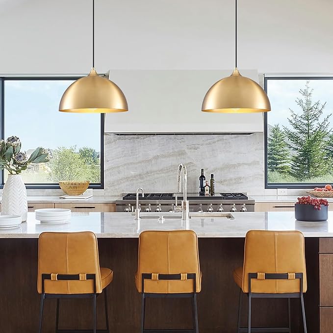 Gold Pendant Light 2 Pack, 11.8" Modern Pendant Lights Kitchen Island Adjustable Height, Farmhouse Dome Hanging Light for Dining Room Bar