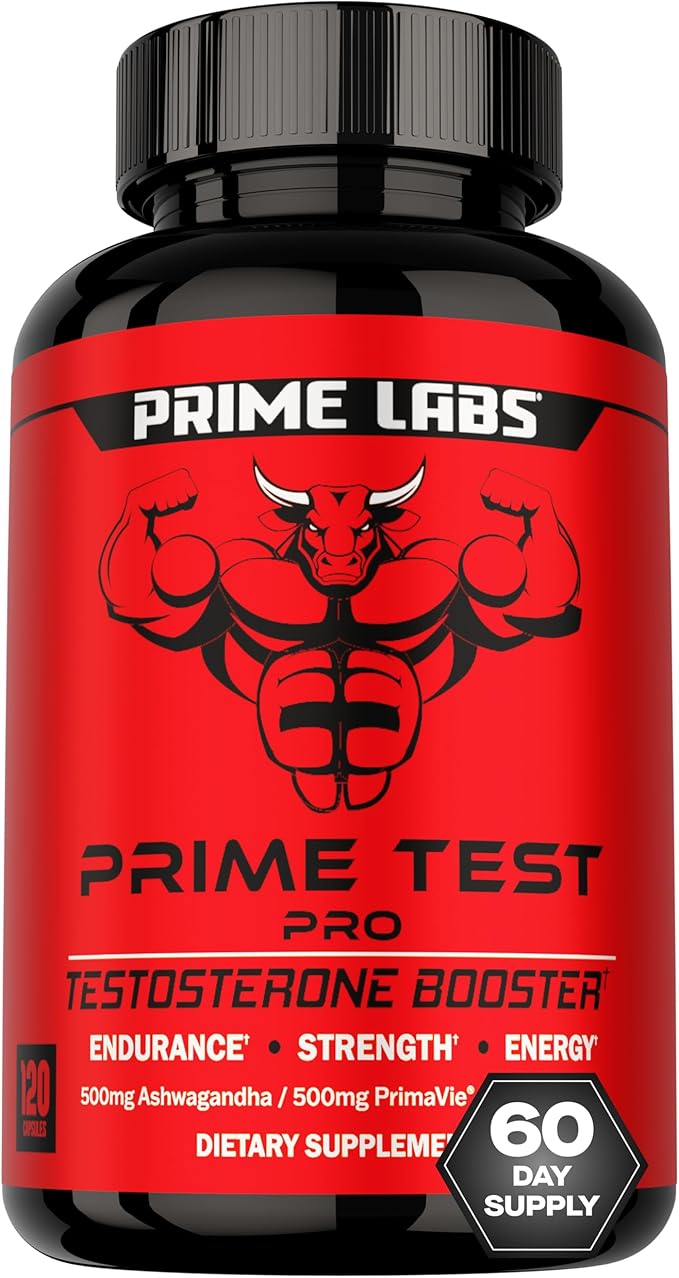 Prime Labs Prime Test Pro - Testosterone Supplement for Men - Test, Vitality, & Energy Booster - with Ashwagandha, PrimaVie Shilajit Extract, & DIM - 120 Capsules