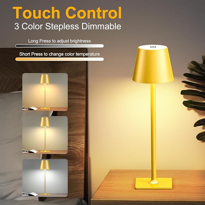 Yogaret 2 Pack Gold Rechargeable Table Lamps,Cordless Lamp with 6000mAh Battery Operated,Wireless Lamp for Restaurant Home Dinner Dining Kitchen Outdoor Patio,Waterproof & Portable