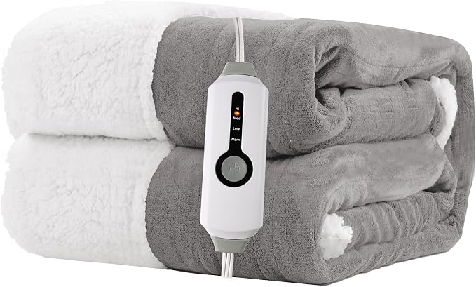 Electric Heated Blanket 62"x84" Twin Size for Safe All Night Rest, Dual-Sided Microplush Sherpa for Bedroom Couch Use, 4 Heat Settings & 10 Hours Auto Off Energy Saving, Machine Washable - Light Gray