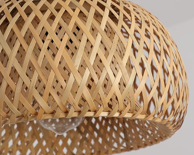 Bamboo Pendant Light Fixture One-Light Adjustable Boho Basket Handmade Woven Pendant Lighting for Kitchen Island Sink Farmhouse Dining Room