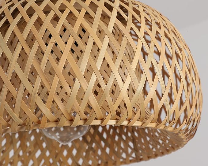 Bamboo Plug in Pendant Light with 14ft Handmade Woven Light Cord, Dimmable Switch, Boho Basket Hanging Lamp for Bedroom Kitchen Island Decor Farmhouse Living Room