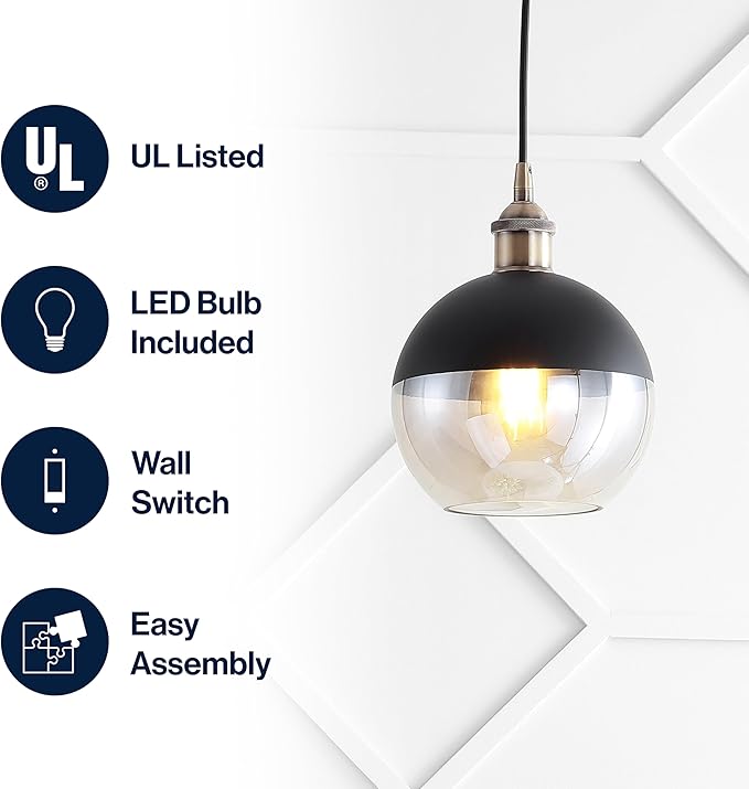 JONATHAN Y 7.5" Brass Gold/Black Mid-Century Modern Globe Pendant Light, Adjustable LED Hanging Ceiling Fixture, Champagne Smoked Glass Shade for Kitchen Island JYL3513A