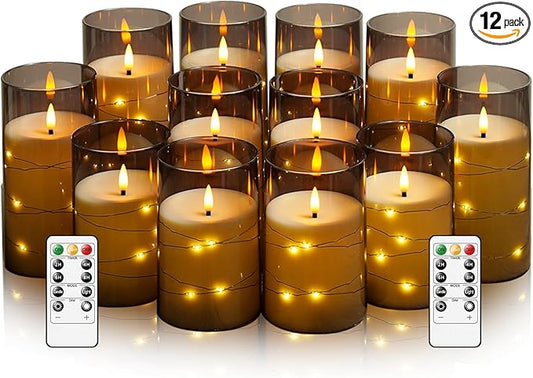 kakoya Flameless LED Candles with Timer 12 Pc Flickering Flameless Candles for Romantic Ambiance and Home Decoration Stable Acrylic Shell,with Embedded Star String，Battery Operated Candles(Grey)