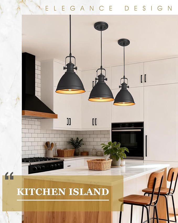 2-Pack Pendant Lights Kitchen Island, 8" Black Hanging Lights Fixtures with Metal Shade, Farmhouse Rustic Kitchen Pendant Lighting Over Island for Dining Room, AD-2151-2PM-BK