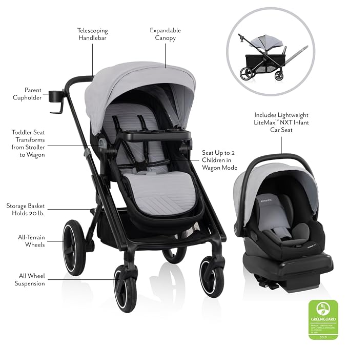 Evenflo Transformer Stroller to Wagon Travel System Featuring LiteMax NXT Infant Car Seat (Fog Gray)