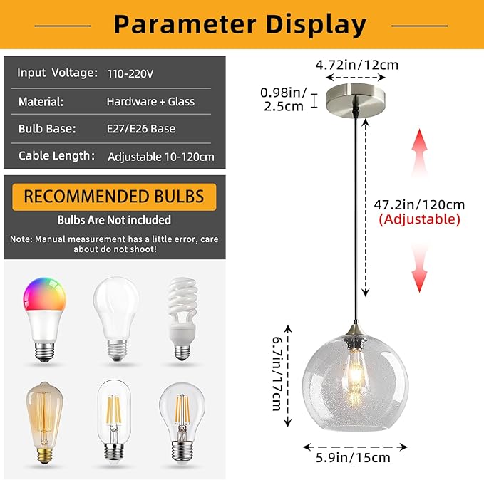 Modern 3-Pack Glass Globe Pendant Lights, Clear Modern Pendant Lighting for Kitchen Island, Clear Glass Hanging Lamps for Dining Room Living Room Bedroom, Small 5.9 Inch Fixture (Bulbs Not Included)