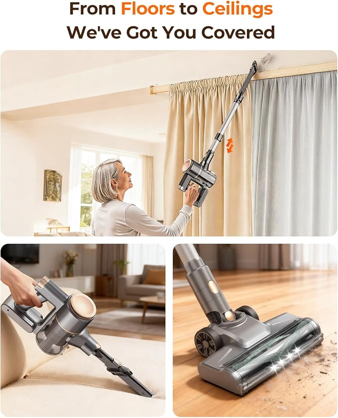 UML0 N8 Cordless Stick Vacuum Cleaner,Lightweight Vacuum Cleaner with Powerful Suction,Self-Standing,Rechargeable Vacuum Cleaners for Home Hardwood Floor Carpet Pet Hair (Gold)