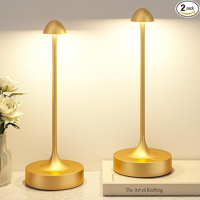 Kakanuo Rechargeable Cordless Table Lamp, Battery Operated Lamps, 3-Color Stepless Dimming, Portable Wireless Desk Lamp, LED Lighting for Dining Room, Restaurant, Office, Bar, Home(Gold 2 Pack)