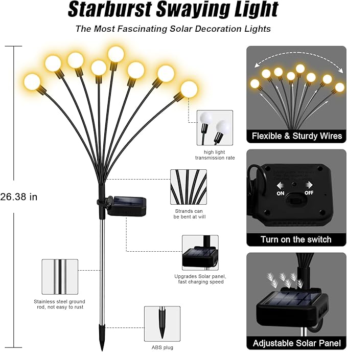 NBQQ Solar Garden Lights,8 Pack Solar Firefly Lights,Solar Lights Outdoor Decorative,Sway by Wind, High Flexibility Iron Wire & Heavy Bulb Base,Yard Patio Pathway Lawn(Warm White, 8 Pack)