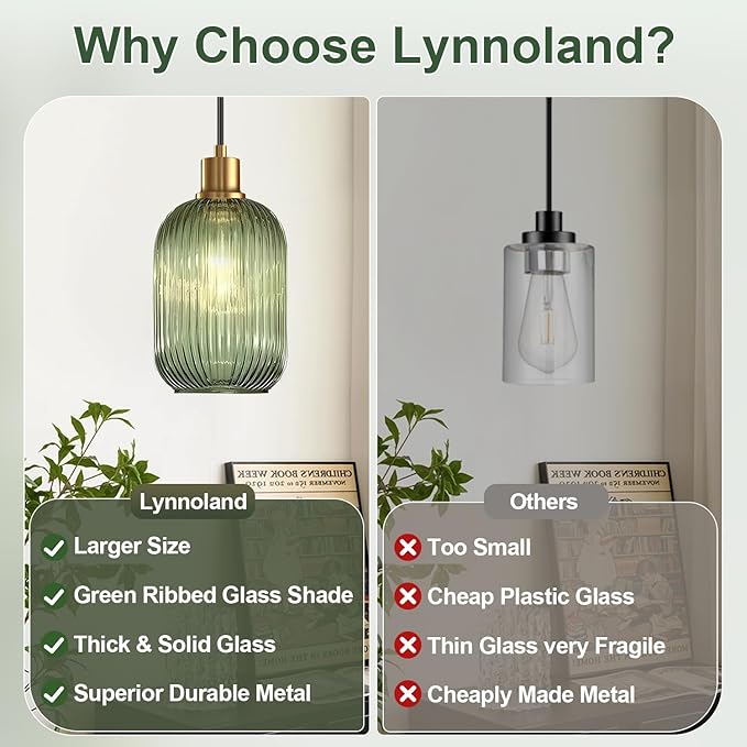 2 Pack 11"-70" Height Adjustable Pendant Lights with Vintage Green Ribbed Glass Lampshade, Brushed Gold Pendant Lights Fixtures for Kitchen Island Lighting Sink, Dining Room (Bulbs Not Included)
