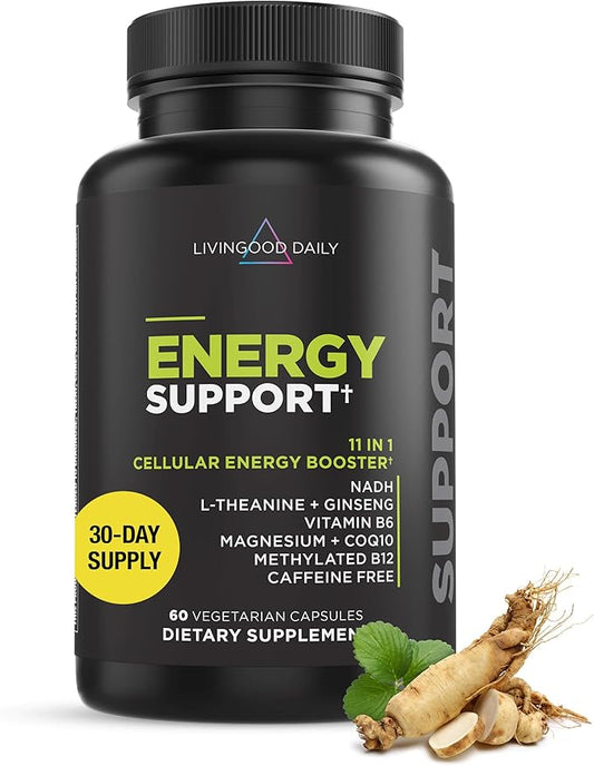 Livingood Daily Energy Support, complément 11-en-1 avec magnésium, vitamine B6, B12, acides aminés, L-carnitine, CoQ10, ginseng et L-théanine, favorise l'énergie naturelle pour hommes et femmes, végétalien, 60 gélules