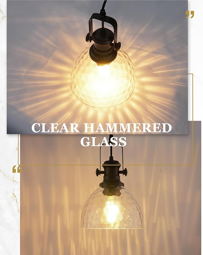 Black Pendant Lights Kitchen Island, 7.5" Farmhouse Pendant Lighting with Hammered Glass Shade, Vintage Hanging Light Fixtures for Dining Room Entryway, Adjustable Cord, AD-22151-1P-BK-H