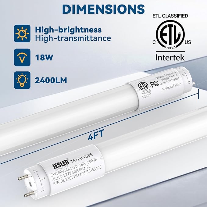 JESLED 30 Pack 4FT T8 LED Bulbs,18W 2400LM 5000K Led Tube Light,Hybrid Type A+B T10 T12 Fluorescent Bulbs Replacement,Single or Double End Powered,Plug and Play or Ballast Bypass,ETL