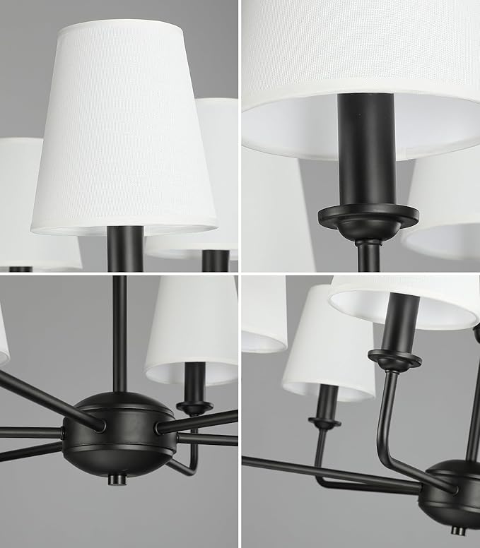 6-Light Black Pendant Chandelier with Fabric Shades, E12 Base - Farmhouse & Industrial Style for Kitchen, Living Room, Dining Room, or Bedroom Lighting