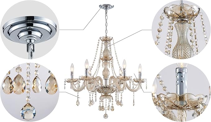 Saint Mossi 6 Light Chandelier Modern K9 Crystal Chandelier Lighting, Champagne Crystal Ceiling Light Fixture Pendant Lamp for Dining Room Bathroom Bedroom Livingroom