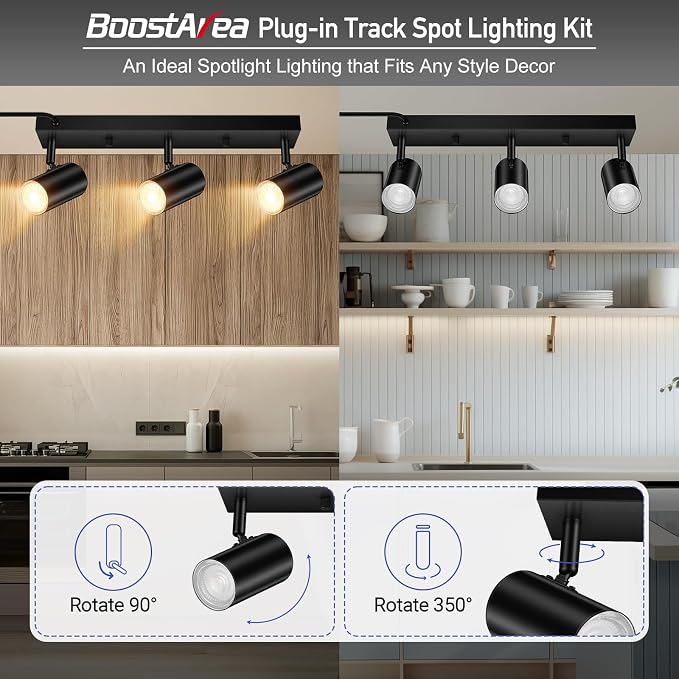 BoostArea LED Track Lighting Ceiling Fixtures, Black 3-Light Plug in Track Lights for Kitchen, 3 Way Ceiling Spotlight, 15 FT Cord,Flexibly Rotatable Wall Mount Light Head for Bedroom Hallway
