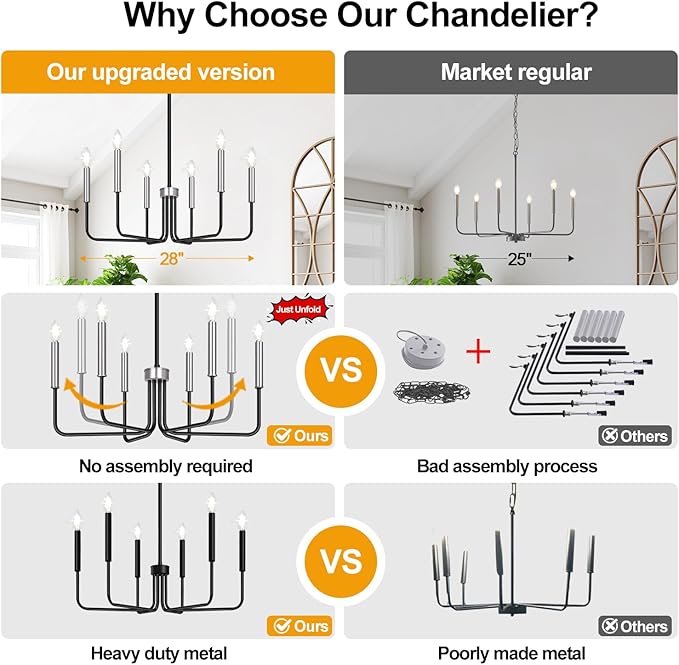 6-Light Farmhouse Chandelier for Dining Room Lighting Fixtures Hanging, Black and Silver Dining Light Fixtures Industrial Chandelier for Bedroom, Foyer, Hall, Kitchen, Living Room and Entryway