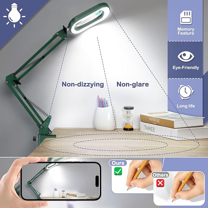 Drdefi 10X Square Magnifying Glass with Light and Stand, Real Glass LED Lighted Magnifier, 5 Color Modes Stepless Dimmable, Hands-Free Mag Desk Lamp with Clamp for Reading Craft Hobby Close Work Green