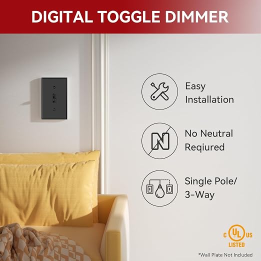 AIDA Toggle Slide Dimmer Switch for Dimmable LED Light/CFL/Incandescent 600 Watt max, Single-Pole or 3-Way, Rocker On/Off Wall Switch with Dimmer Slider, Wall Plate NOT Included, UL, Black, 4 Pack