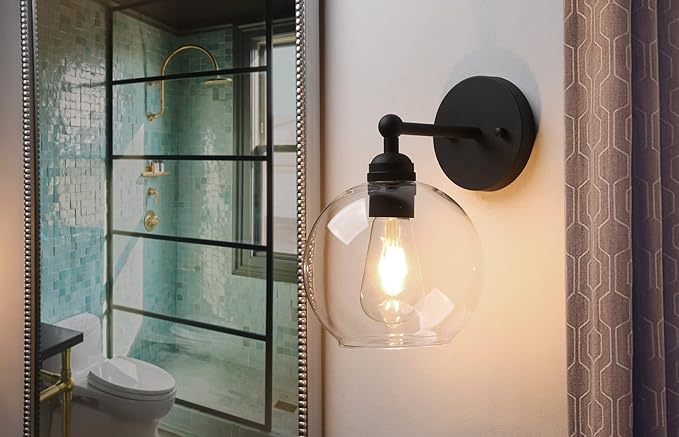 Yosoan Brass Boho Vanity Bathroom Wall Sconce, 1-Light Indoor Hardwired Wall Mounted Vintage Industrial Fixture Lights with Double Hole Round Glass Lamp for Mirror, Living Room, Hallway(Black)