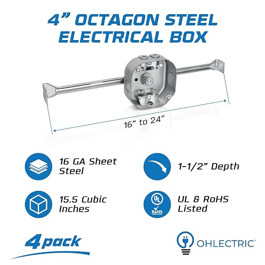 OHLECTRIC 4" Octagon Welded Electrical Box with Adjustable Bar Hanger (4 Pack) 1-1/2" Deep Box with BX/MC Clamp - Galvanized Steel - Supports Fixtures Up to 50 lbs