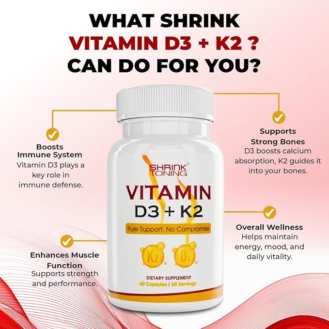 shrink Toning Supplément de Vitamine D3 + K2 – 125 mcg Vitamine D₃ & 100 mcg K₂ – Soutien Immunitaire & Osseux – Sans OGM, Sans Gluten – 60 Gélules