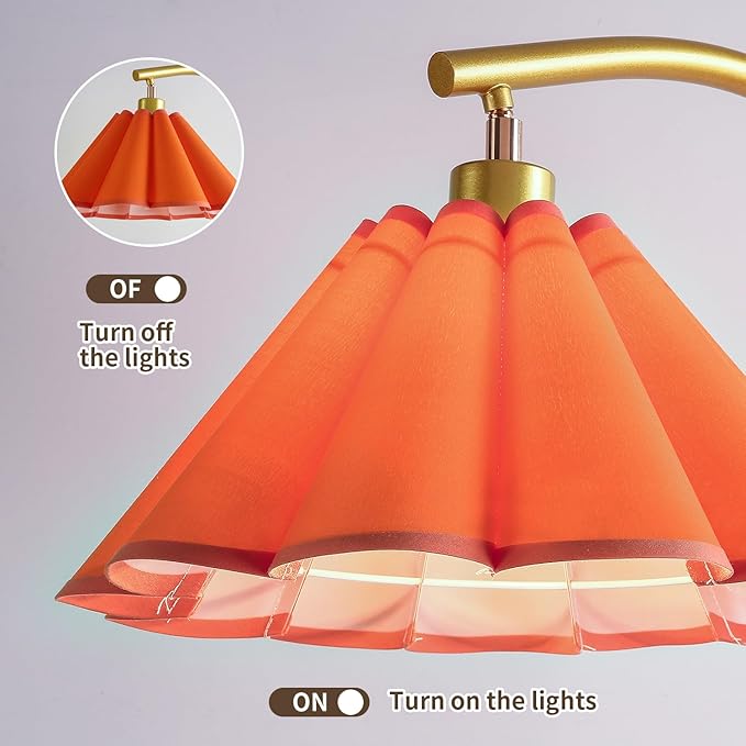 Floor Lamp with Pleated Linen Lampshade, Modern Flower Floor Lamp for Living Room Arc Standing Lamp, Gold Tall Lamp for Bedroom Office Dining Room, Bulb Included (Gold + Orange Color, 66.1IN)