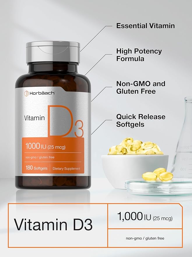 Horbäach Vitamine D3 1000 UI (25 mcg) Gélules | 180 unités | Formule à haute puissance | Complément sans OGM et sans gluten