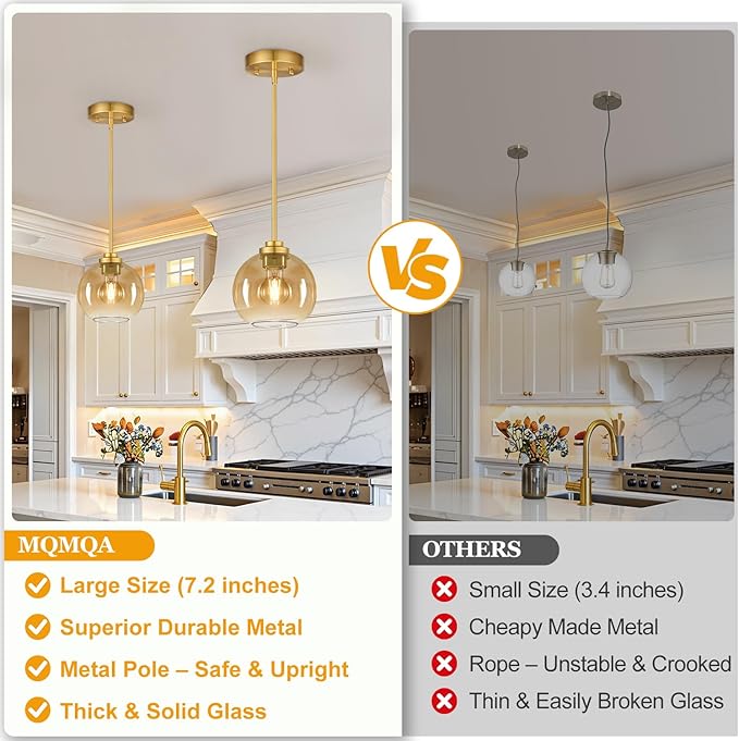 2 Pack 22"-50" Height Adjustable Glass Pendant Lights Kitchen Island, Globe Brushed Gold Pendant Lights with Amber Glass Shade, Mid Century Pendant Light Fixtures Kitchen Pendant Lighting over Island