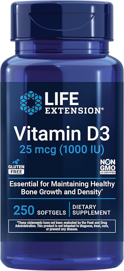 Life Extension Vitamine D3 25 mcg (1000 UI), soutien du système immunitaire, santé osseuse, santé de l'ensemble du corps, format économique, sans gluten, sans OGM, 250 gélules