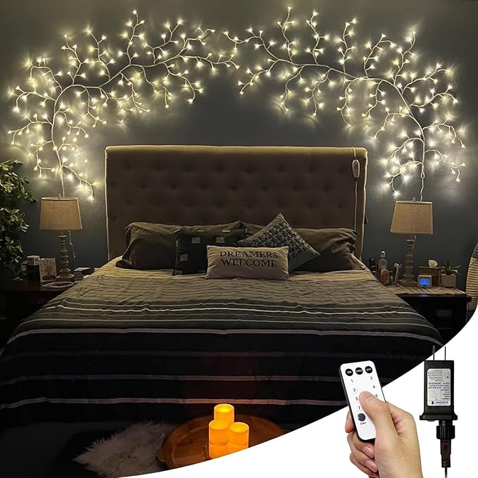 2Pcs Enchanted Willow Vine Lights, 18 Branches 144 LEDs Lighted Willow Vine for Wall Decor, Indoor Christmas Swags Decorations for Bedroom, Living Room & Home Decor, White Branch